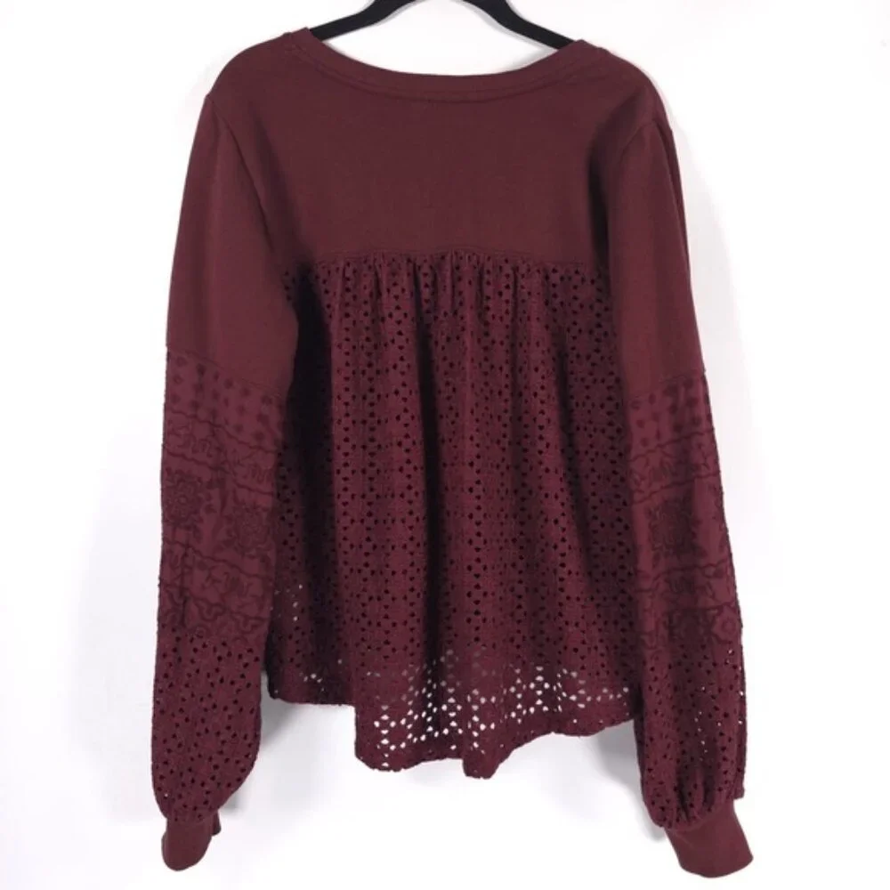 Anthropologie Plum Eyelet Yoke VNeck Pullover Sweatshirt Ballon Sleeve Top SMALL